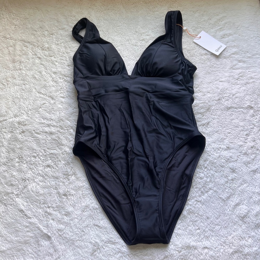 Quince Italian Plunge One-Piece Swimsuit Black Size M NEW Sustainable Resortwear